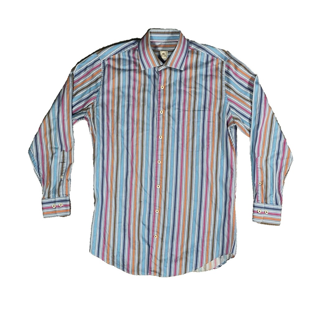 Peter Millar Striped Button Up Shirt‎ Size Medium Red Blue Brown
